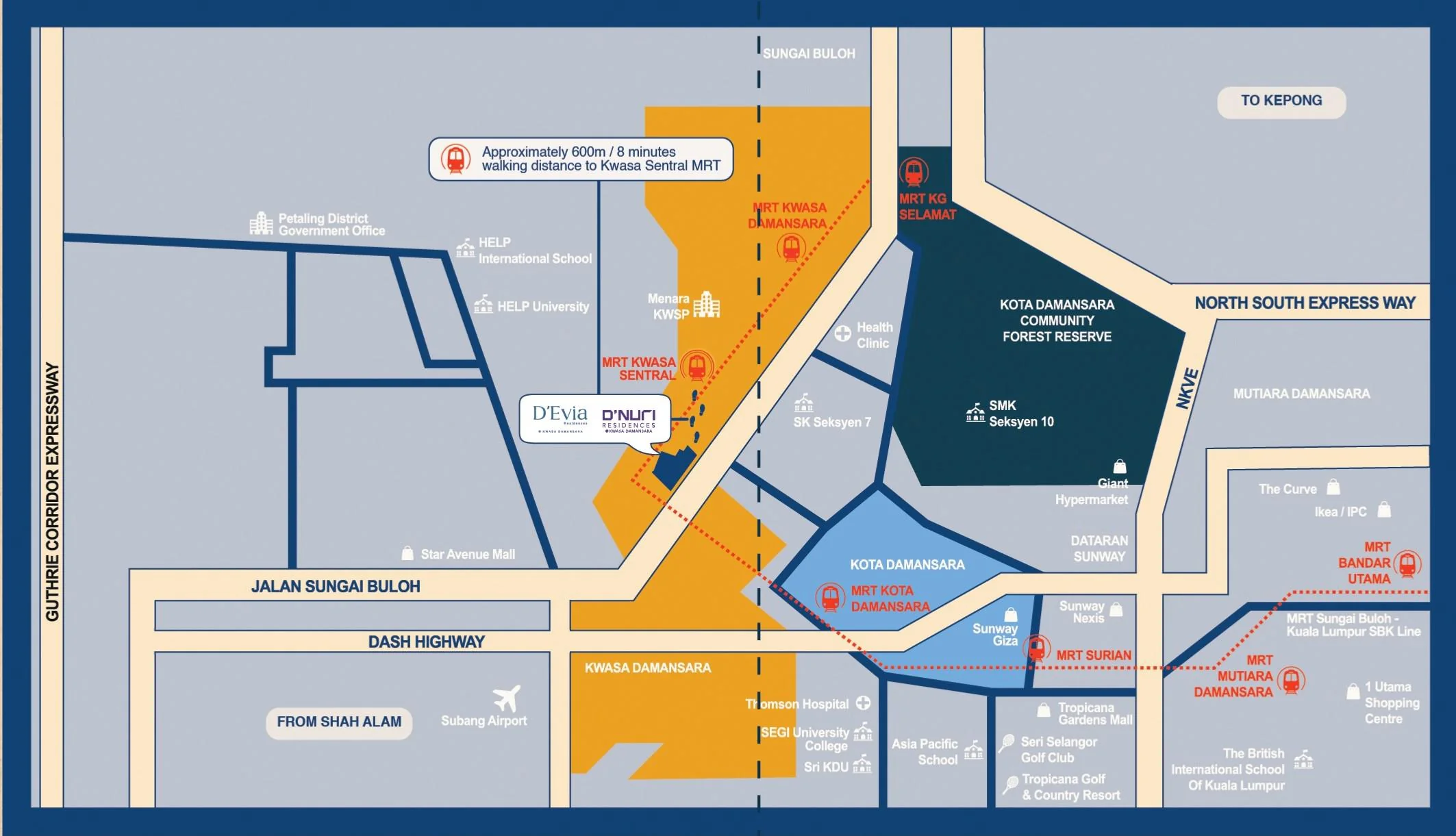 Illustrated D'Evia Kwasa Damansara location map with surrounding roads and landmarks
