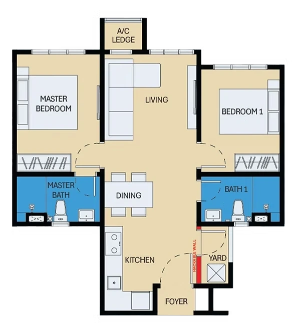 D'Evia Type A layout showing two bedrooms and two bathrooms