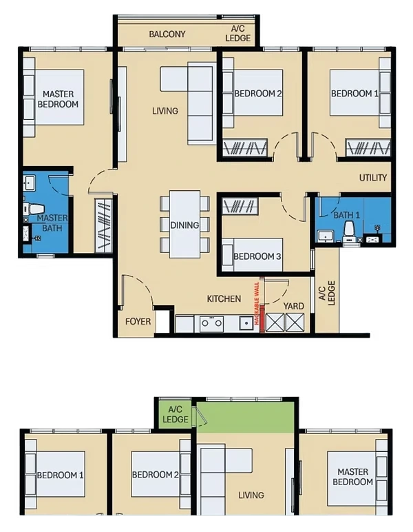 D'Evia Type C1 and C2 four-bedroom layout arrangements